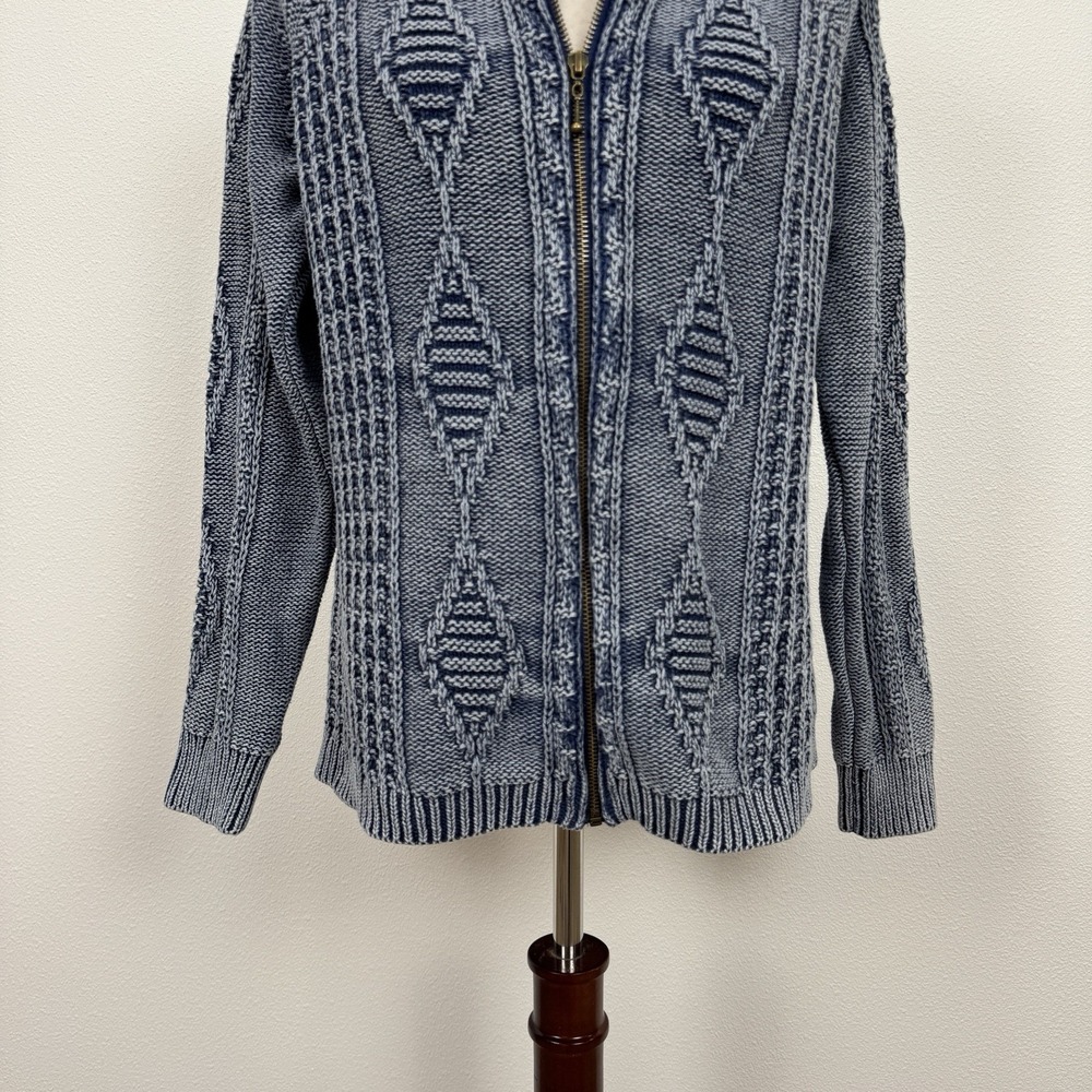 Womens Fisherman Knit Zip Front Sweater Blue Textured Coastal Cardigan Layering - Picture 3 of 13